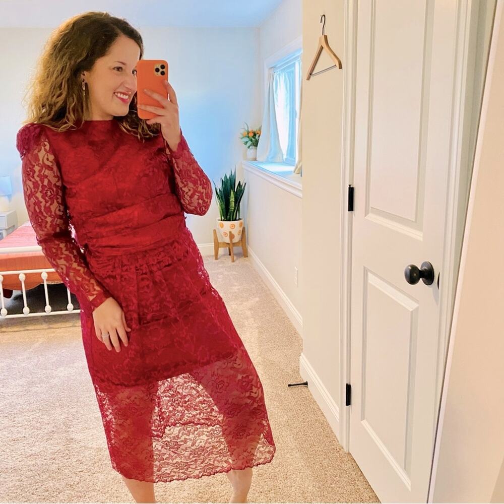 Vintage Berry Red Handmade Long Sleeve Floral Lace Maxi Dress XS